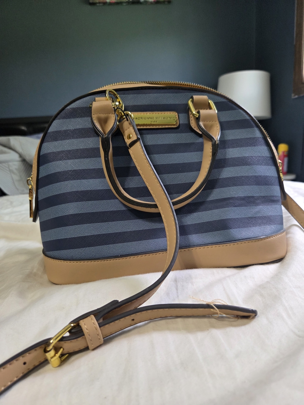 Adrienne Vittadini Navy Striped Dome Satchel with Tan Trim